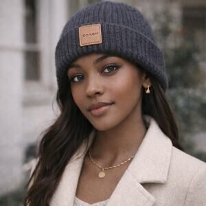 COACH Dark Grey Wool Alpaca Blend Leather Logo Patch Beanie Hat Quiet Luxury Cap